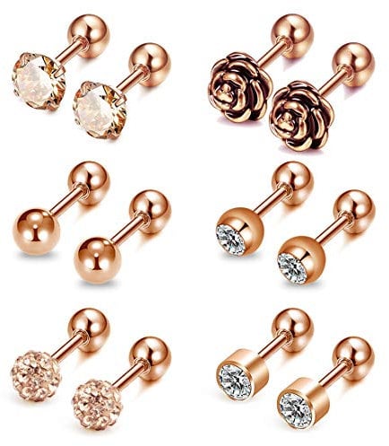 AVYRING 16G CZ & Ball & Rose Tragus Earrings Stainless Steel Stud Ear Piercing Helix Earrings Piercing for Women Men 6 Pairs - Rose gold
