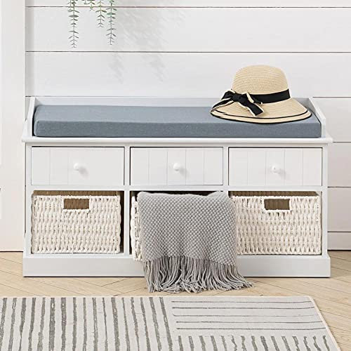Warmiehomy Storage Bench with 3 Drawers and 3 Wicker Baskets, Fully Assembled Storage Cabinet with Padded Seat Cushion for Hallway Bedroom Living Room, White