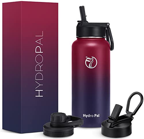 HydroPal Edelstahl Trinkflasche - 750ml, 1L, 1,2L, BPA-Frei, Kohlensäure geeignet, Isolierte flasche mit Strohhalm & 2 Deckel, Auslaufsichere Isolierflasche für Sport (Rot/Schwarz, 1000 ml)