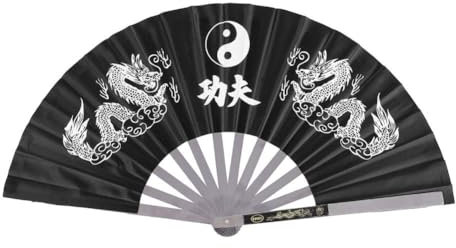 Agatige Éventail De Kung Fu Tai Chi Chinois, Performance Grand éventail pliable à main, éventail chinois en bambou, idéal pour la pratique du tai chi/danse, éventail pliant, deux dragons (Noir)