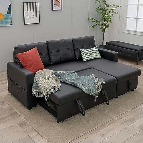 Panana Sofa Bed L-Shaped Sofa Sectional Sofa with Chaise & Storage (Black Faux Leather Corner Sofabed)