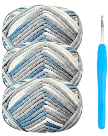 Häkelgarn Baumwolle Häkelwolle Chenille Wolle zum Häkeln 3 x 50g Häkelwolle mit Häkelnadel 4mm,Dickes Baumwoll-Nylon-Mischgarn Graugarn