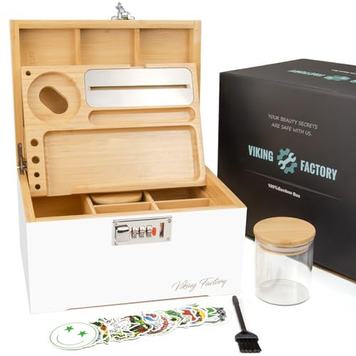 Viking Factory® Large Lockable Bamboo Storage Box with Combination Lock, Decorative Organizer for Jewelry, Medicine & Tools, Includes Tray, Glass Jars & Accessories