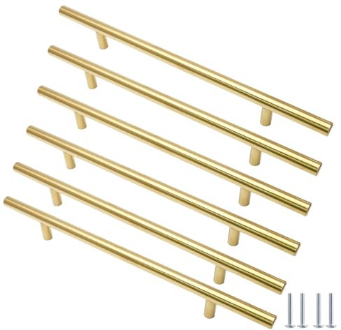 Cjueiom 6 Pack Gold Cabinet Handles 192mm Hole Center, 300mm Length Stainless Steel T-Bar Handles for Kitchen Cabinet, Wardrobe, Drawer, Cupboard