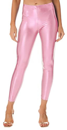 Jugaoge Damen Glänzend Hose Skinny Fit Leggings Lack Leder Optik Stretch Treggings Jeggings Sport Fitness Yoga Tanz Pants Clubwear Rosa Einheitsgröße
