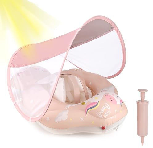ANSTEN Schwimmring Baby mit Sonnendach Aufblasbare Baby Float Schwimmring Shwimmreifen Baby mit aufblasbarer Schwimmboje,Schwimmhilfe Spielzeug,Baby Schwimmring ab 6 Monate~72 Monate-Rosa