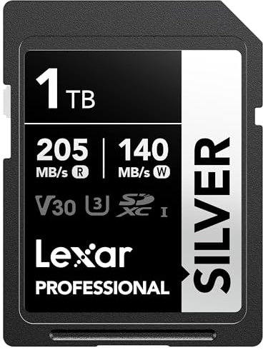 Lexar 1TB SD Card SILVER, Up to 205MB/s Read, 140MB/s Write, SDXC UHS-I Memory Card, Class 10, U3, V30, SD Card for Professional Photographers, Videographers, Enthusiasts