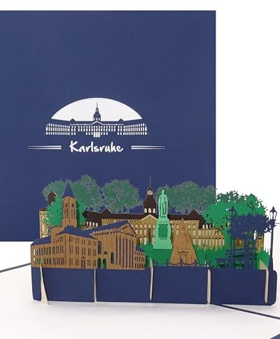 3D Pop-Up Karte Karlsruhe-Panorama – Schloss – Reisegutschein | Marktplatz mit Pyramide und Schloss Karlsruhe. Souvenir, Geburtstagskarte, Gutschein oder Städtegruß.