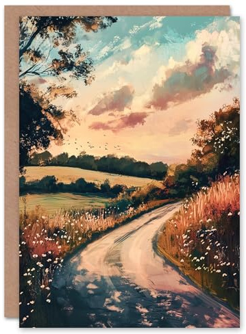 Artery8 Greeting Card The Road Home Kansas Countryside Autumn Painting Blank For Him Or Her Art Birthday Card
