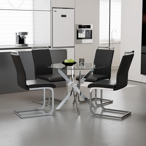 GOLDFAN Rund Esstisch mit 4 Stühlen Moderner Küchentisch Glas Tisch Set Esszimmerstuhl, Esszimmertische für Esszimmer Wohnzimmer, 80cm, Schwarz