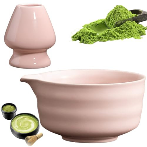 GOMETY Tazón de té japonés para matcha con vertedor, cuenco de té Chawan Matcha con bandeja batidora, cuenco tradicional de cerámica Matcha, cuenco de té Chawan, cuenco de té de cerámica (color rosa)