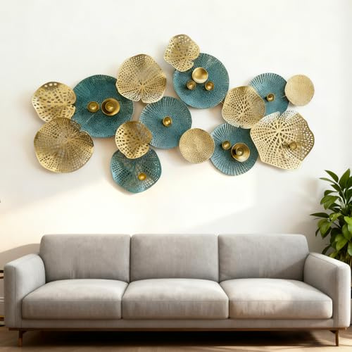 Blissio Große Wanddeko, Wandbilder Wohnzimmer, 3D Lotusblätter Design - Wanddekoration, für Sofawand,Schlafzimmer,Eingang Metall Wanddeko & Geschenke für zu Hause (157 x 73CM)