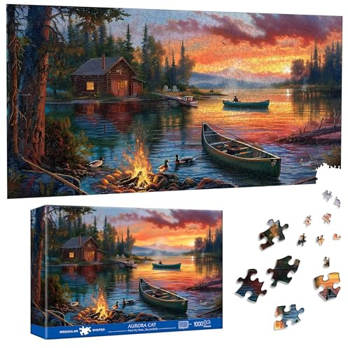 Pavemlo Puzzle 1000 Teile Sonnenuntergang am See - 41x80cm Spezialform Klassische Puzzles für Erwachsene | Unmögliches Puzzle Puzzle-Liebhaber & Anfänger | Wanddekoration
