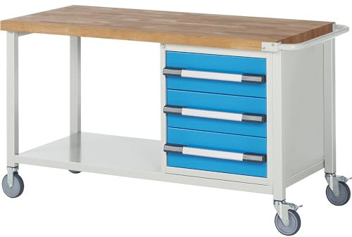 eurokraft | Fahrbare Werkbank Serie 8000 | Gestellbauweise | 3 Schubladen | Ablageboden | BxT 1500 x 700 mm