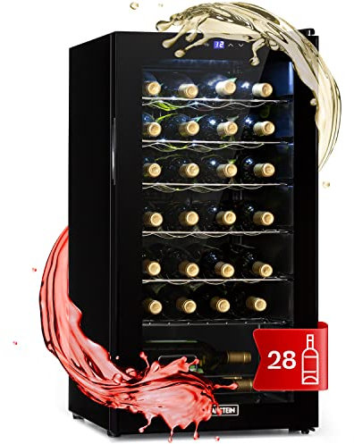 KLARSTEIN Vinoteca, Nevera para Vinos con 1 Zona de Refrigeración, Botellero Puerta Cristal para Vino, Proseco, Expositor Interior y Exterior, Panel Táctil, 74 L., Vinoteca Capacidad 28 Botellas