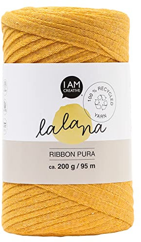 Lalana | Ribbon Pura mustard | Garn für kreative Projekte | Bandgarn | Ideal zum Häkeln & Stricken & Knüpfen | Makramee DIY | 100% recycled | Senfgelb | ca. 8 mm | 95 m | 200 g