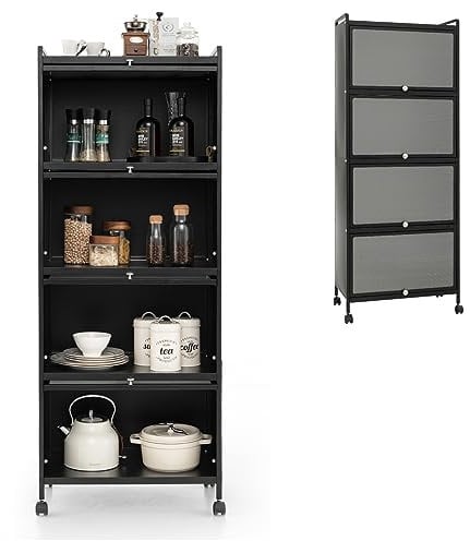 KOMFOTTEU Armoire à Porte, 5 Niveaux, Étagère de Cuisine, 4 roulettes universelles, Meuble de Rangement en Fer, Dispositif Anti-basculement, Salon, Salle à Manger, 60 x 32 x 154 cm (Noir)
