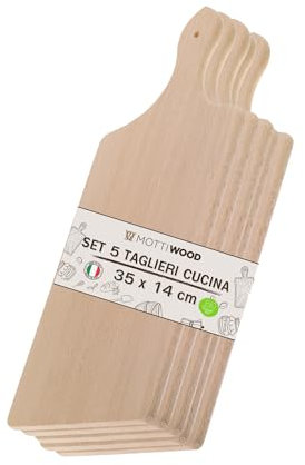 Mottiwood Lot de 5 planches à découper avec poignée, 100 % bois de hêtre, parfait pour couper et servir, dimensions 35 x 14 x 1 cm, haute résistance, fabriqué en Italie, A651