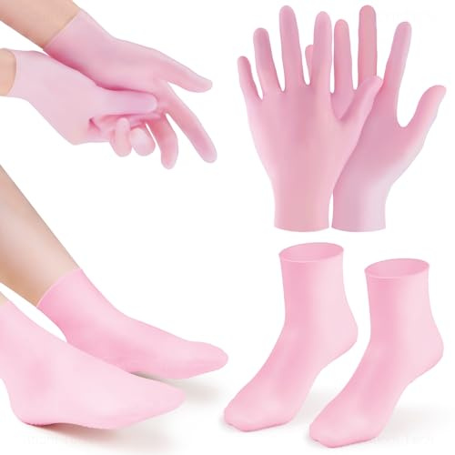 Pink Silicone Moisturizing Socks & Gloves (1 Pair Each) for Intensive Hydration, Roughness Relief & Callus Treatment, Hydrating Skin Care for Dry, Cracked Hands & Feet, Suitable for Most Sizes