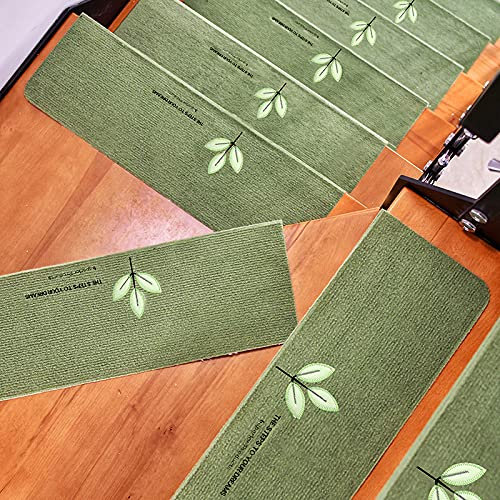 Hearda Treppenstufen Matten, Rechtwinklig 70x22x4.5cm Treppe Treppenteppich, Gemusterte Farben Stufenmatten 10 stück, Treppenteppich Selbstklebend, Antirutschmatte Innenbereich (5pc,grün)