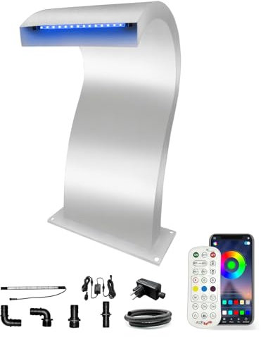 Longrun Bluetooth APP Control Pond Waterfall Fountain stainless steel Waterfall S-shaped Waterfall Blade with 7 Colors LED,Pool Fountain Water Spray Kit for Above Ground Swimming Pool-24x51.5x30cm