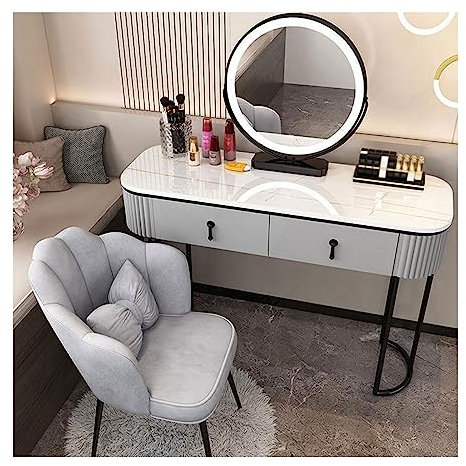 KOHARA Makeup V, V-Schreibtisch mit Spiegel, V-Tisch mit Schubladen, Make-up-Schreibtisch mit Lichtern in 3 Farboptionen, einstellbare Helligkeit, Schminktisch mit gepolstertem Hocker f