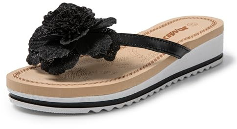 JOMIX Chanclas de Verano con Flores para Mujer - Playa, Mar, Piscina, Ducha, Baño - Sandalias de Dedo con Cuña y Plataforma, Negro, 39 EU