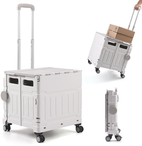 The Fellie Trolley Box Cart with One-piece Lid, 75L & 50KG Capacity Folding Shopping Cart Trolley, Boot Cart with 4 Wheels & Telescopic Handle for Shopping Camping Picnic Office Laundry(White Grey)