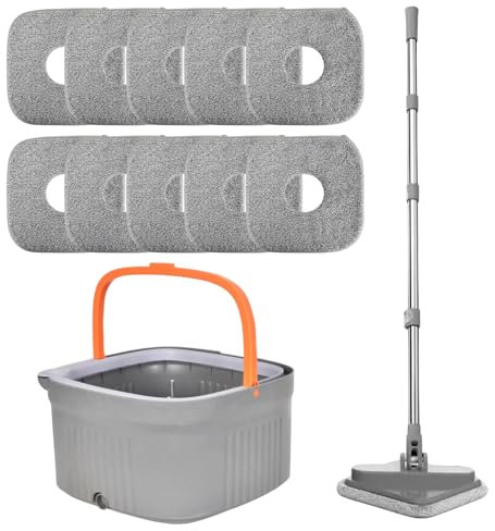 Juego de Fregona con Cubo, Mopa Fregona con Cubo Escurridor, Separa la Suciedad y el Agua Dulce, Mango Telescópico, con 10 Recambio para Mopa, para Todo Tipo de Suelo