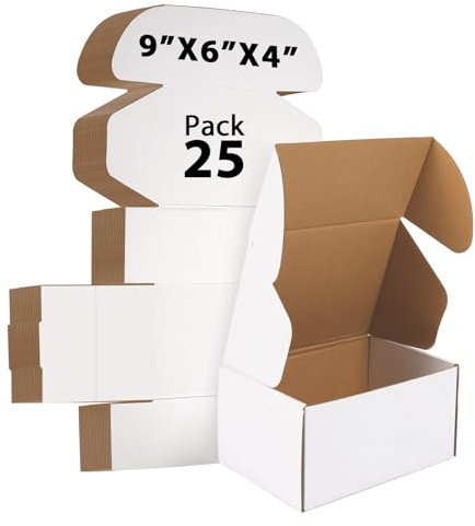 Shipping Boxes 25 Pack, Corrugated Cardboard Mailer Boxes for Small Business, Easy Fold Literature Mailers, Heavy Duty 3 Layer Packaging Boxes for Shipping, Mailing, Gift Packaging (White, 9x6x4)