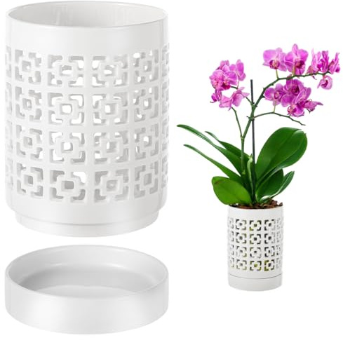 Orchideentopf aus Keramik mit Drainageschale, stilvoller grüner Orchideen-Pflanzgefäß, ideal für Haus und Garten, atmungsaktives Design