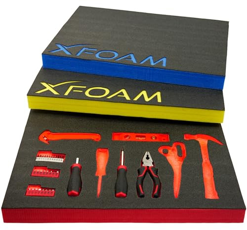 X-Foam Customizable Toolbox & Equipment Insert with Stencil – Cut-to-Fit Protective Tool Liner (1000mm X 420mm X 50mm - Red - 1 Sheet) Kaizen Draw Organizer Foam Sheet