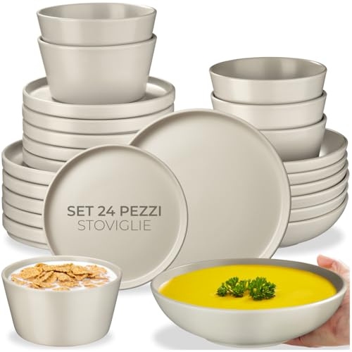 tectake® Service de table 6 personnes Service vaisselle et arts de la table 24p. avec 6x Assiettes creuses 6x assiettes plates 6x assiette à dessert 6x bols petit déjeuner Coupelle soupe Lot assiette