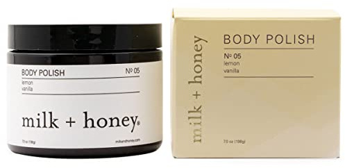 milk + honey Exfoliating Body Scrub No. 5 – Natural Sea Salt & Sugar Polish with Coconut, Lemon & Vanilla – Gentle Scrub for Sensitive Skin, Women & Men – 7 oz