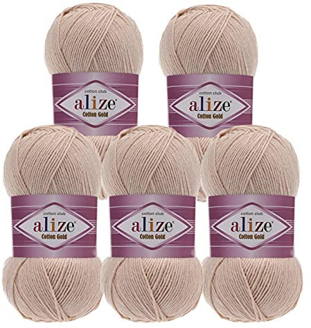5 x 100g Strickgarn Alize Cotton Gold Uni Klassikgarn Häkelgarn Strick-Wolle Farbwahl, Farbe:67 champagner