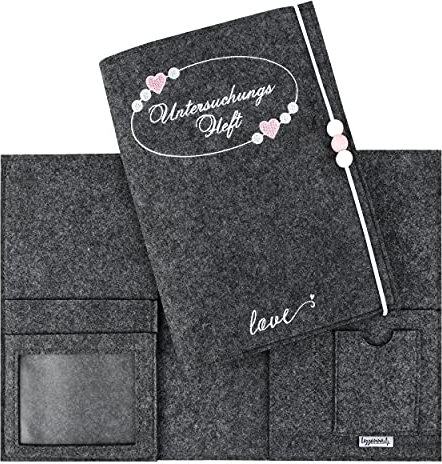 Lezzanna - Untersuchungsheft Hülle - U-Heft für Kinder – Gelbes Vorsorgeheft aus Filz – Impfpasshülle - Schutzhülle - Geschenk für werdende Mütter, zur Geburt oder Taufe (Dunkelgrau rosa)
