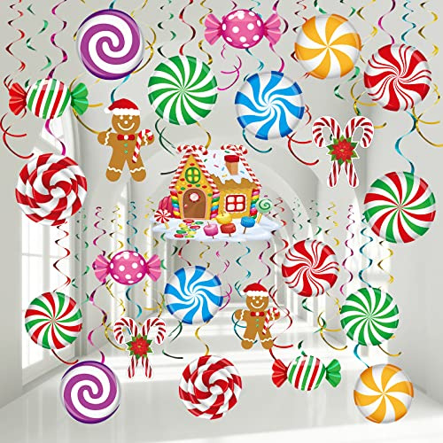 Zomiboo 53 Pcs Christmas Hanging Swirls Gingerbread Ceiling, Candy | Candy Cane Lollipop Theme, Gingerbread House Ornaments, Colorful Foil Spirals for Tree, Holiday Party Ceiling Decor