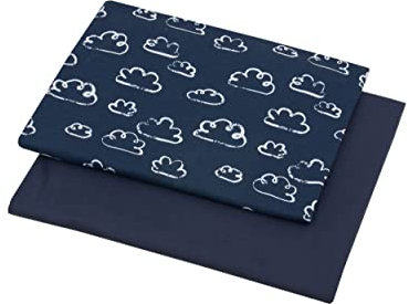 1buy3 Duo-Set Jersey Stoff Gemustert zum nähen | 92% Baumwolle, 8% Elasthan | Kinderstoff | Baumwolljersey | Muster: Wolken dunkelblau + Dunkelblau | 2 x 50cm x 160cm | Grundpreis je m² = 9,36