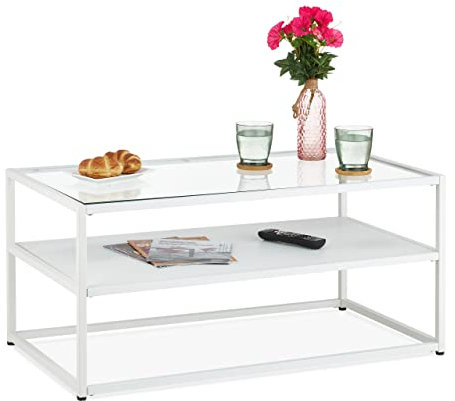 Relaxdays Centro Tablero Vidrio Templado, Mesita Sofá Rectangular, Mesa Salón con Balda, 42 x 90 x 49,5 cm, Blanco, Acero