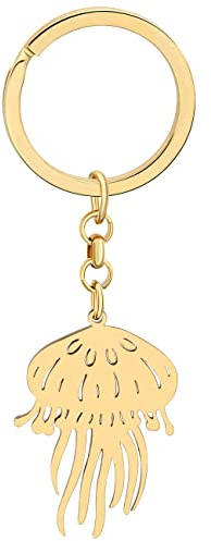 LONYOO Edelstahl Quallen Schlüsselanhänger Brieftasche Auto Schlüsselanhänger Ringe Modeschmuck Quallen Geschenke für Frauen Mädchen Sommer Charms (Vergoldet 042)