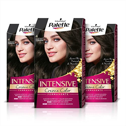 Schwarzkopf Palette Intensive, 3x Creme Color, Tinte 4 cabello Castaño intenso, Óptima cobertura de canas, Coloración permanente de cuidado con aceite de marula, Color hasta 8 semanas