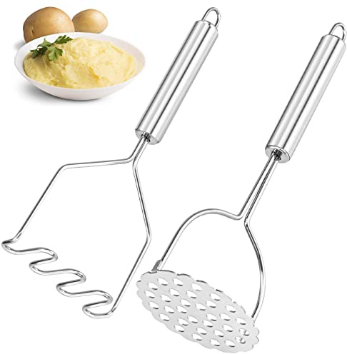 VOOVAO 2 Pcs Potato Smasher, Mashed Potato Masher, Stainless Steel Masher Kitchen Tool for Avocado, Bean, Fruit, Vegetables, Food