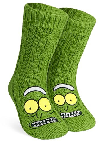 RICK AND MORTY Lustige Socken Herren, Kuschelsocken Herren mit ABS Anti Rutsch Noppen und Sherpa Fleece (Grün)