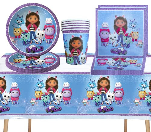 DecPtyTa Vaisselle Anniversaire gabby chat,Ensemble D'anniversaire pour Enfants,Decoration Anniversaire gabby chat Assiettes Serviettes Tasse Nappes,Idéal pour 20 Personnes (B)