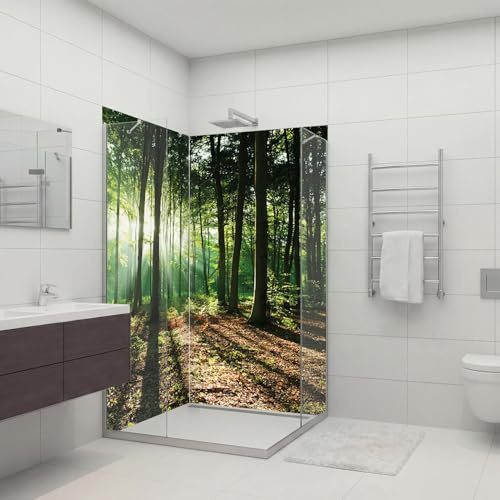 dedeco 2tlg. Eck-Duschrückwand Wald V5 80x200cm Aluminium 3mm classic | Wasserfeste Duschrückwand, Alu-Verbundplatte classic – fugenlos, pflegeleicht, Fliesenersatz, Made in Germany