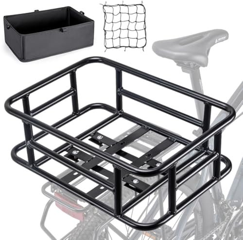 Hapihom Fahrradkorb hinten mit Gepäcknetz und wasserdichter Innentasche, universeller Fahrrad- und Elektrofahrradkorb hinten, Fahrradkorbträger mit großer Kapazität Schwarz