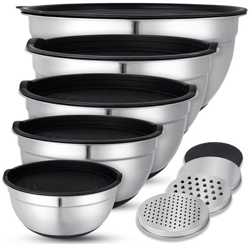 KUOGAS Juego de 5 Bol Acero Inoxidable,Bol Cocina,3 Accesorios para Ralladores, Cuencos Cocina Grande Antideslizante con tapa, Apilable, ProteccióN Contra Salpicaduras, Apto Para Lavavajillas