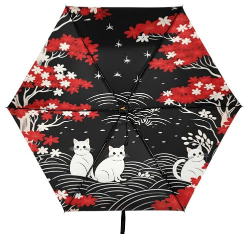 Linnyio Sich Wiederholendes Muster Schwarze Katzen Taschenschirm, UV-Schutz, Kompakter Reiseschirm, Sonnenschutz für Jungen und Mädchen