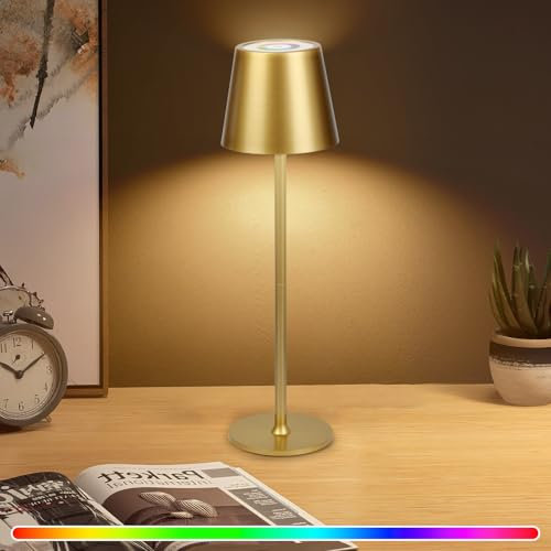 WUYOR Dimmbare Tischlampe Kabellose, Wiederaufladbar 3000K Farbtemperaturen und 7 RGB-Farben Tischleuchte mit USB-C, LED Wiederaufladbar Akku für Outdoor und Indoor, Wasserdichte, 5500mAh, Gold 1Pack