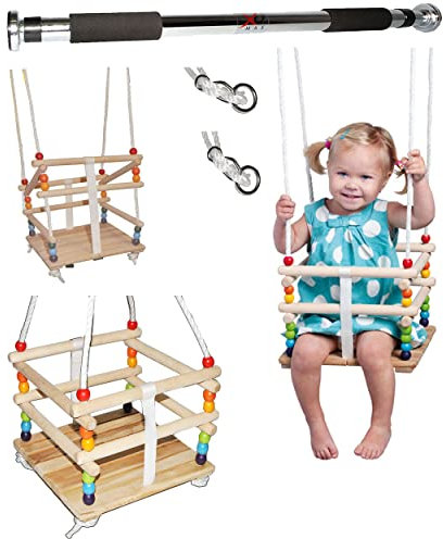 alles-meine.de GmbH 2 TLG. Set: Schaukel aus Holz - Gitterschaukel mit Gurt + Türreck - Babyschaukel/Kinderschaukel - Leichter Einstieg ! - mitwachsend & verstellbar - vers..